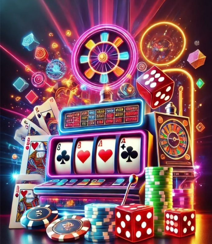 Slot game reels with vibrant symbols on a dark background